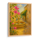 Susurros de romance en el callejón dorado – Pintura impresionista de una fuente de piedra con flores. - Nosion | Cuadro decorativo de Canvas Lab
