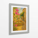 Susurros de romance en el callejón dorado – Pintura impresionista de una fuente de piedra con flores. - Nosion | Cuadro decorativo de Canvas Lab