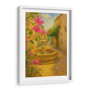 Susurros de romance en el callejón dorado – Pintura impresionista de una fuente de piedra con flores. - Nosion | Cuadro decorativo de Canvas Lab