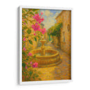 Susurros de romance en el callejón dorado – Pintura impresionista de una fuente de piedra con flores. - Nosion | Cuadro decorativo de Canvas Lab