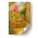 Susurros de romance en el callejón dorado – Pintura impresionista de una fuente de piedra con flores. - Nosion | Cuadro decorativo de Canvas Lab