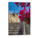 Histórico Monasterio de Yuriria enmarcado por vibrantes bugambilias bajo un cielo azul despejado. - Nosion | Cuadro decorativo de Canvas Lab