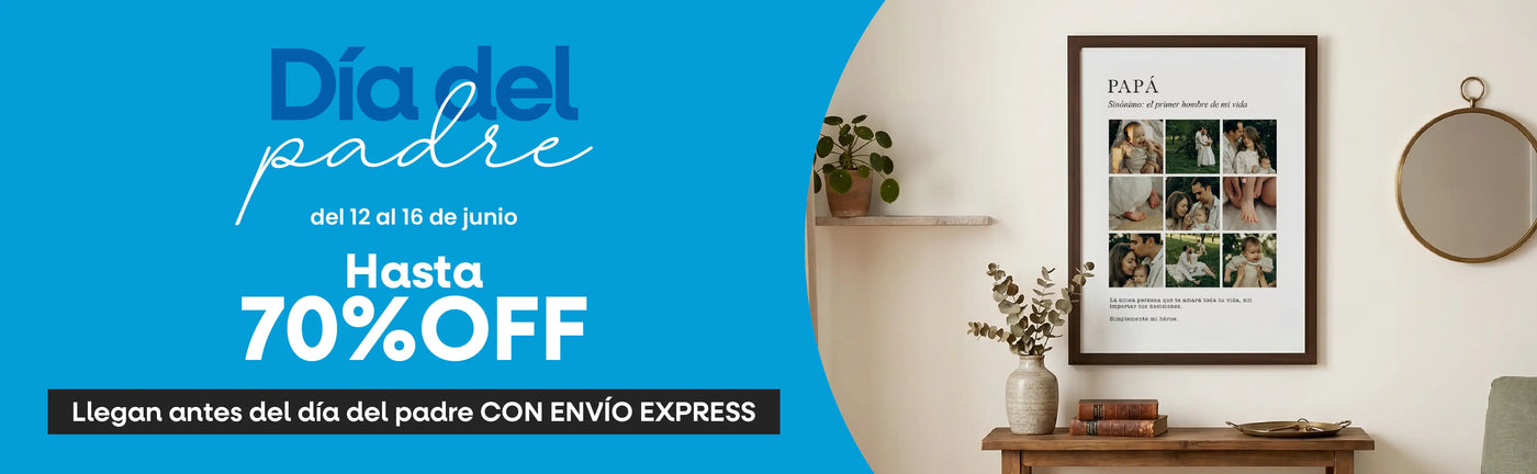 Espacio decorado con cortinas claras, una planta y un cuadro enmarcado personalizado que contiene un collage de fotos familiares dedicado a "Papá". Texto promocional: “Día del Padre del 12 al 16 de junio con el texto Hasta 70% OFF” y la garantía de que llegan antes del festejo con envío express - Canvas Lab.