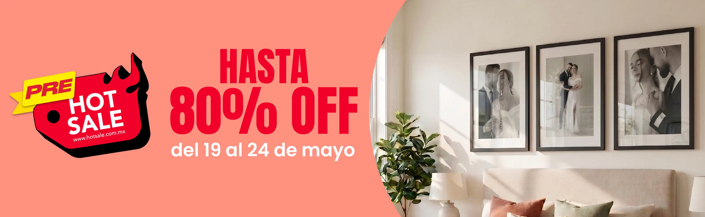 Recámara moderna decorada con plantas y cuadros fotográficos en la pared. Texto: "PRE-Hot Sale; Hasta 80% OFF del 19 al 24 de Mayo". Botón: "Promociones" - Canvas Lab.