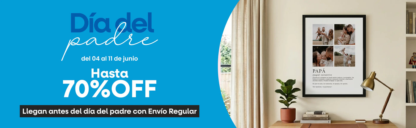 Espacio decorado con cortinas claras, una planta y un cuadro enmarcado personalizado que contiene un collage de fotos familiares dedicado a "Papá". Texto promocional: “Día del Padre del 04 al 11 de junio con el texto Hasta 70% OFF” y la garantía de que llegan antes del festejo con envío regular - Canvas Lab.