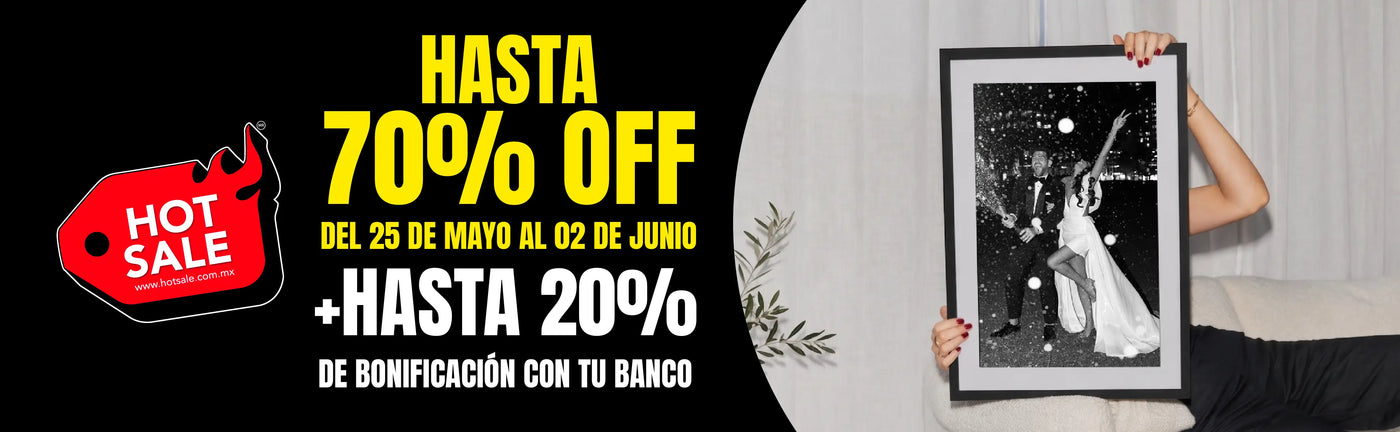 Sala con cortinas claras y una persona sosteniendo un cuadro enmarcado con fotografía en blanco y negro. Texto promocional: “HOT SALE. Hasta 70% OFF del 25 de mayo al 02 de junio + hasta 20% de bonificación con tu banco” - Canvas Lab.