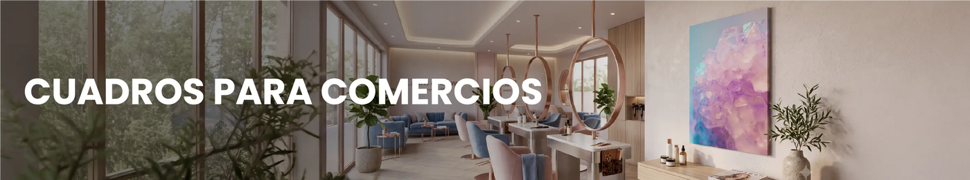Local comercial moderno decorado con cuadros elegantes de Canvas Lab. Texto: CUADROS PARA COMERCIOS Y LOCALES.
