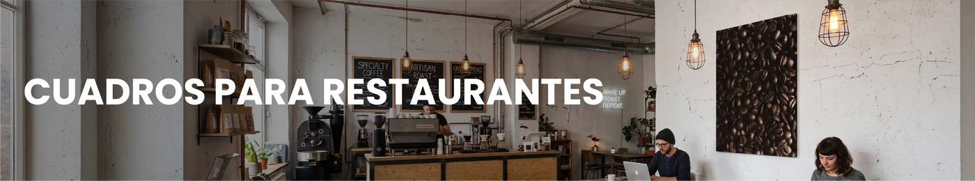 Restaurante moderno decorado con cuadros elegantes de Canvas Lab. Texto: CUADROS PARA RESTAURANTES, BARES Y CAFETERÍAS.