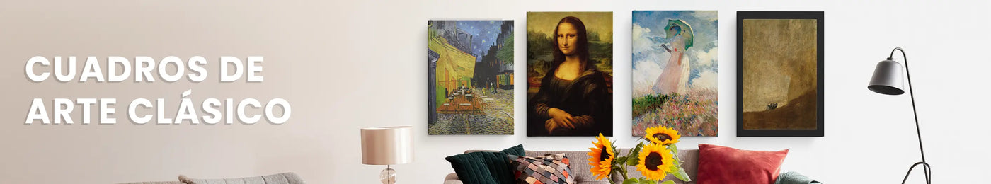 Sala decorada con cuatro cuadros de arte clásico: Café en Terraza por la Noche, de Van Gogh; Mona Lisa, de Da Vinci; Mujer con Sombrilla, de Monet; y El Perro, de Francisco de Goya. Texto: "CUADROS DE ARTE CLÁSICO". Click para ver colección con todos los cuadros de arte clásico.