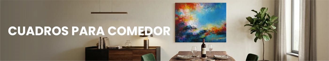 Comedor moderno decorado con cuadros elegantes de Canvas Lab. Texto: CUADROS PARA COMEDORES.