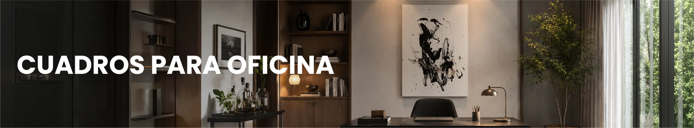 Oficina moderna y corporativa decorada con cuadros elegantes de Canvas Lab. Texto: CUADROS PARA OFICINAS Y CORPORATIVOS.