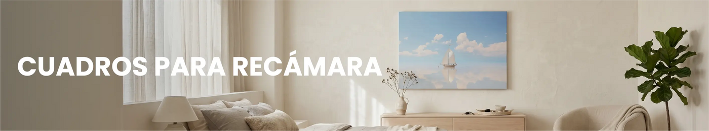 Dormitorio moderno decorado con cuadros relajantes de Canvas Lab. Texto: CUADROS PARA RECÁMARAS.
