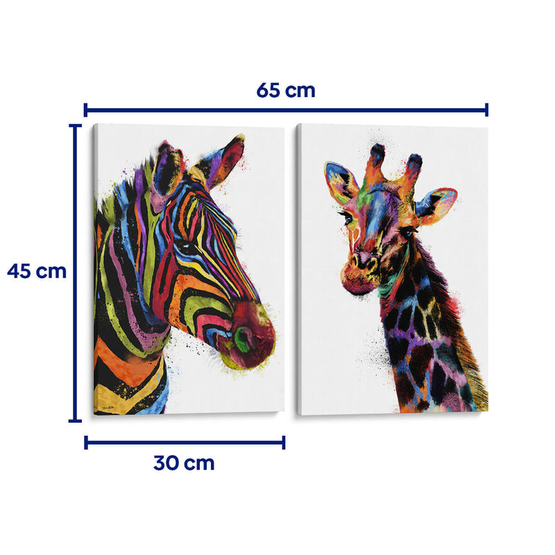Cebra y jirafa coloridas - Set de 2 - Hue Art - Cuadro decorativo | Canvas Lab