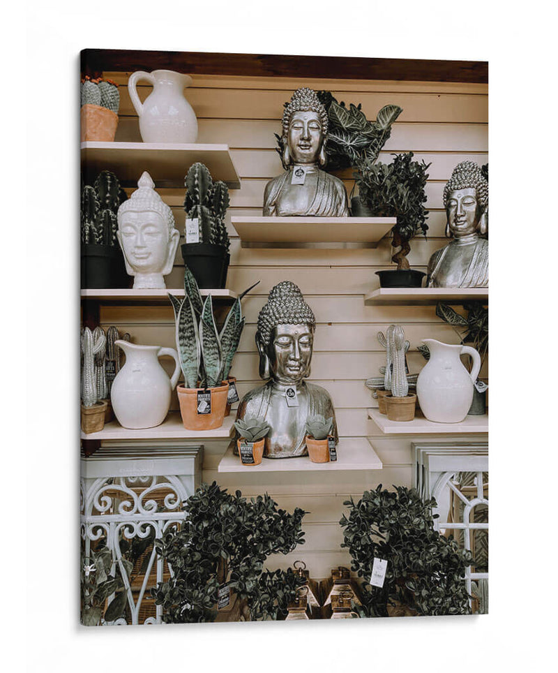 Plantas de interior y bustos de Buda colocados en estantes | Cuadro decorativo de Canvas Lab