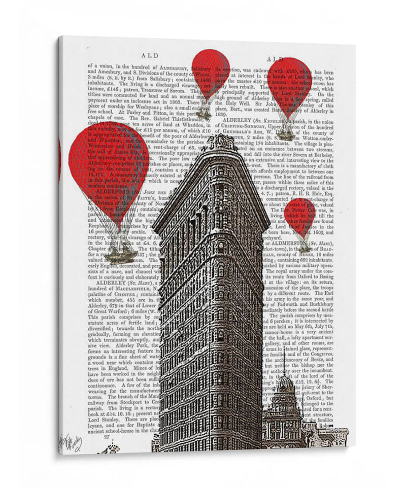 Edificio De Hierro Plano Y Globos De Aire Caliente Rojo. - Fab Funky | Cuadro decorativo de Canvas Lab