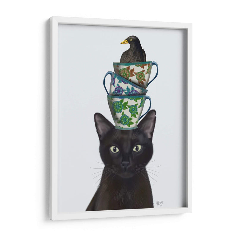 Gato Negro Con Tazas De Té Y Mirlo - Fab Funky | Cuadro decorativo de Canvas Lab
