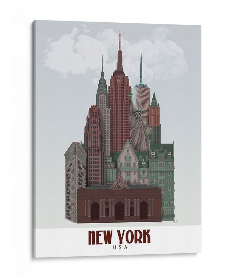 Nueva York En Las Nubes Rojo Oscuro Y Verde - Fab Funky | Cuadro decorativo de Canvas Lab
