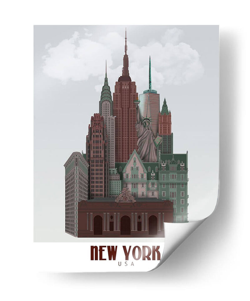 Nueva York En Las Nubes Rojo Oscuro Y Verde - Fab Funky | Cuadro decorativo de Canvas Lab