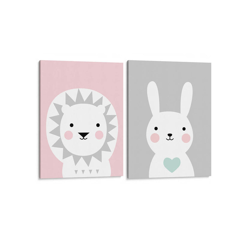León y conejo en pastel - Set de 2 - Cuadro decorativo | Canvas Lab