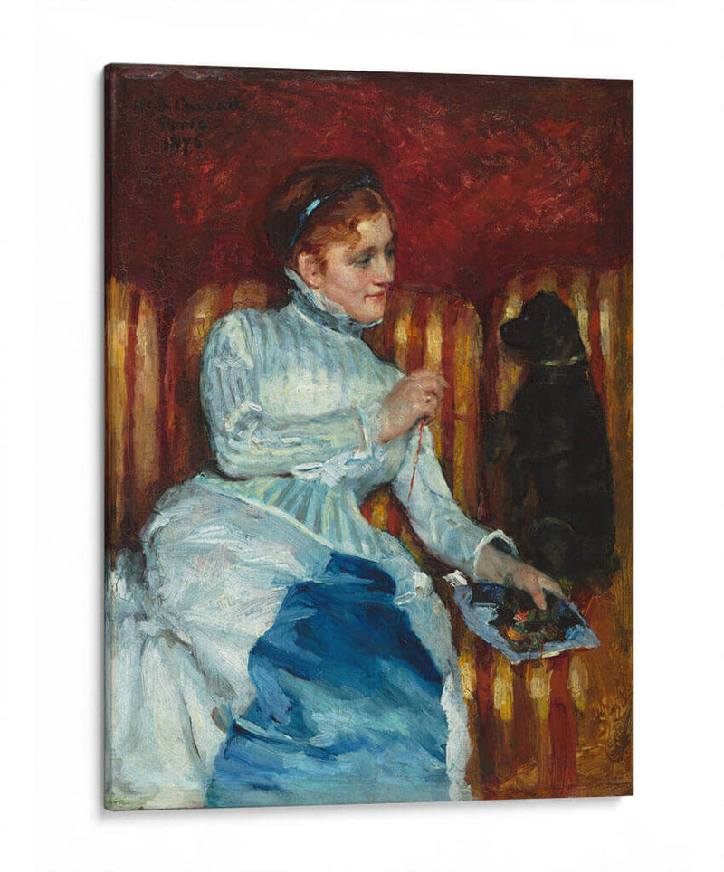 Mujer en un sofá rayado con un perro - Mary Cassatt | Cuadro decorativo de Canvas Lab