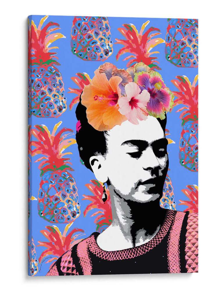 Frida Kahlo en Fondo Azul con Piñas - Mario Velazquez | Cuadro decorativo de Canvas Lab