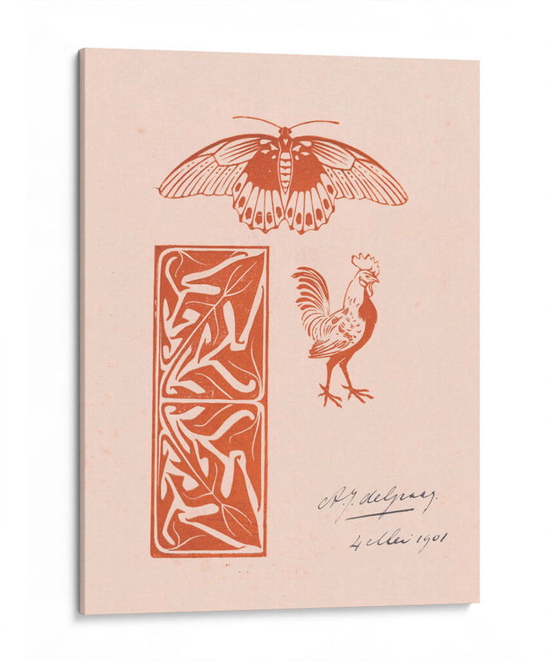 Adorno de mariposa, gallo y hojas - Julie de Graag | Cuadro decorativo de Canvas Lab